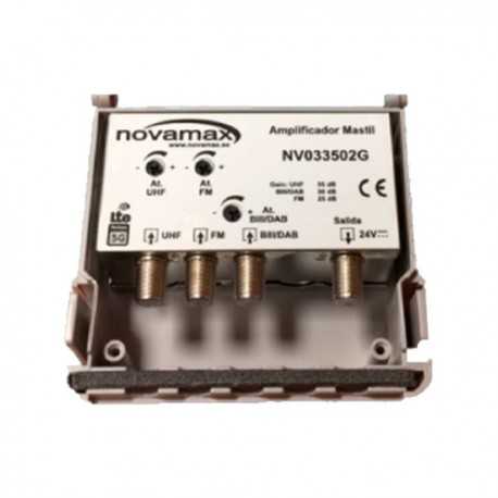 Amplificador de mástil 5G. 3 Entrada. UHF/FM/DAB (C21/48), 35/30/25dB, Ajustable 20dB, 107dBµV. Regulación individual