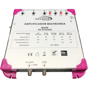 Amplificador Multibanda 5E (UHF1-UHF2-BIII/DAB-BI/FM-SAT) 1 Salida + 1 Salida de Test. 5G. 35/42dB, 116d-118dBuV