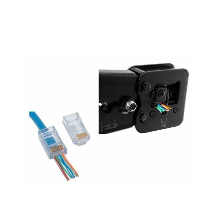 Crimpadora metálica para hilo pasantge (J11 y RJ45), con cuchillas de corte y pelado de corte plano.
