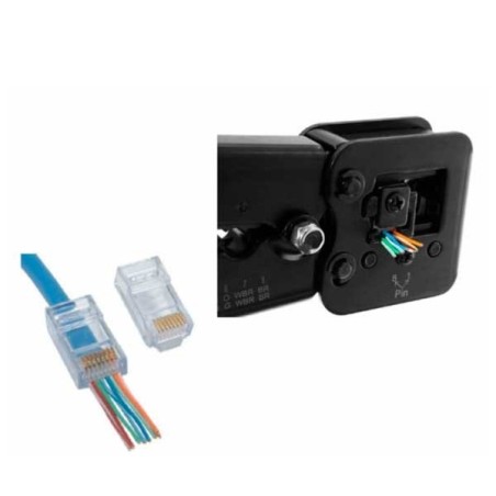 Crimpadora metálica para hilo pasantge (J11 y RJ45), con cuchillas de corte y pelado de corte plano.
