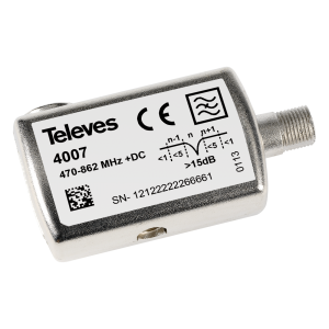 Filtro trampa conector F,  1 canal UHF. Ajustable hasta 15dB. . Banda 470-862Mhz.
