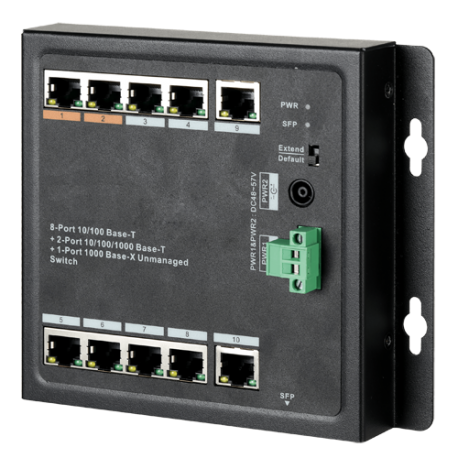 Switch de 8 puertos 10/100/1000 POE 96W + x2 UPLINK 10/100/1000 + x1 SFP, para montaje en pared. Hasta 250 metros
