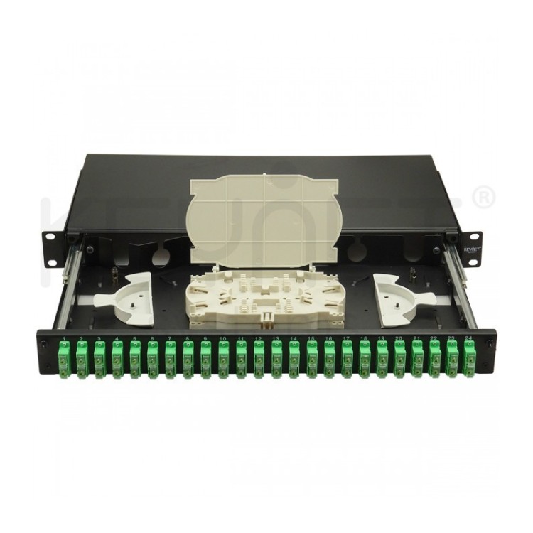 Bandeja de distribución de F.O. 19", 24 SC/APC Duplex + 2 bandejas 12 fusiones y accesorios.