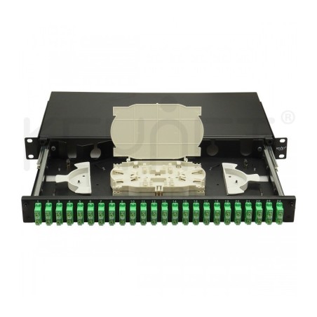 Bandeja de distribución de F.O. 19", 24 SC/APC Duplex + 2 bandejas 12 fusiones y accesorios.