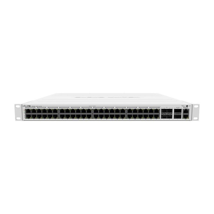 Cloud Router Switch PoE (700W) 650Mhz, 64Mb RAM, x48 puertos Gb PoE, x4 SFP+, x2 QSFP+, RouterOS. Level 5. Para montaje en Rack