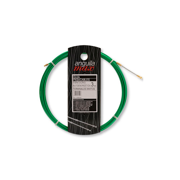 Guía pasa cables 12 metros y 3mm. Fibra de Vidrio + Nylon (reforzada). Terminales Mixtos. Color verde