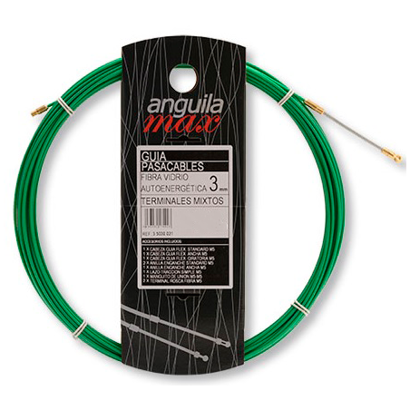 Guía pasa cables 12 metros y 3mm. Fibra de Vidrio + Nylon (reforzada). Terminales Mixtos. Color verde