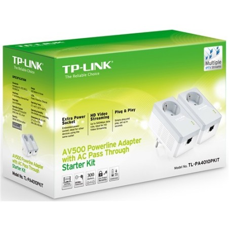 Kit PLC 500Mbps, X1 10/100 con enchufe incorporado. Cobertura 300 metros.
