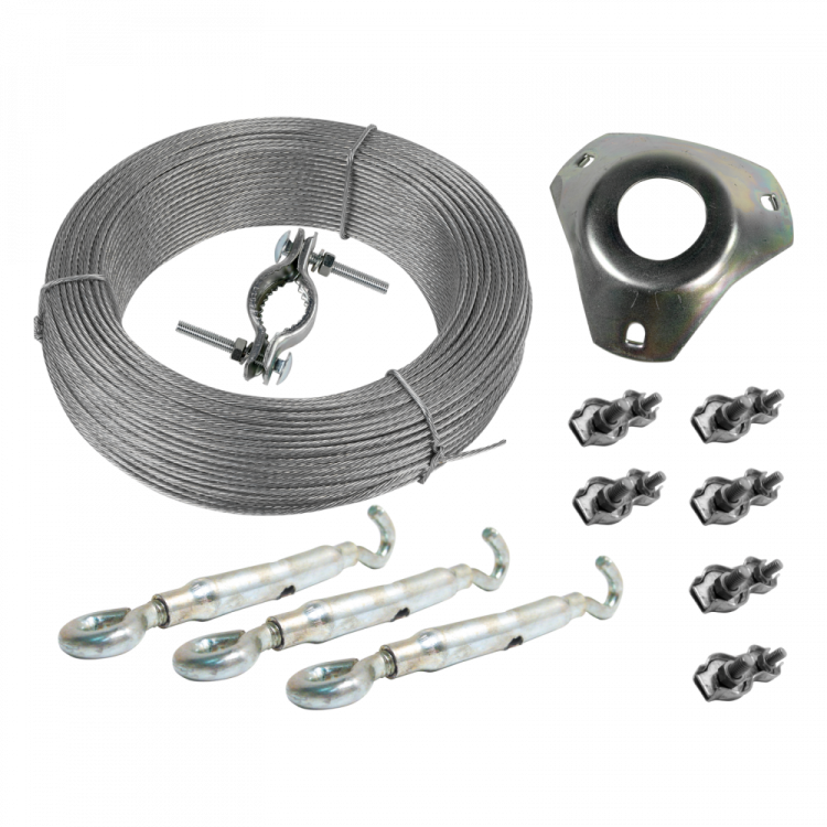 Kit montaje vientos para mástil 45mm (3 tensores/6 sujeta cables/25mts cable acero 2mm)