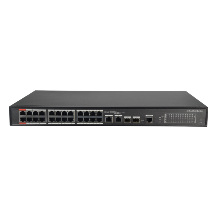 Switch de 24 puertos Gigabit POE 240W + x4 UPLINK Combo 10/100/1000. Hasta 250 metros