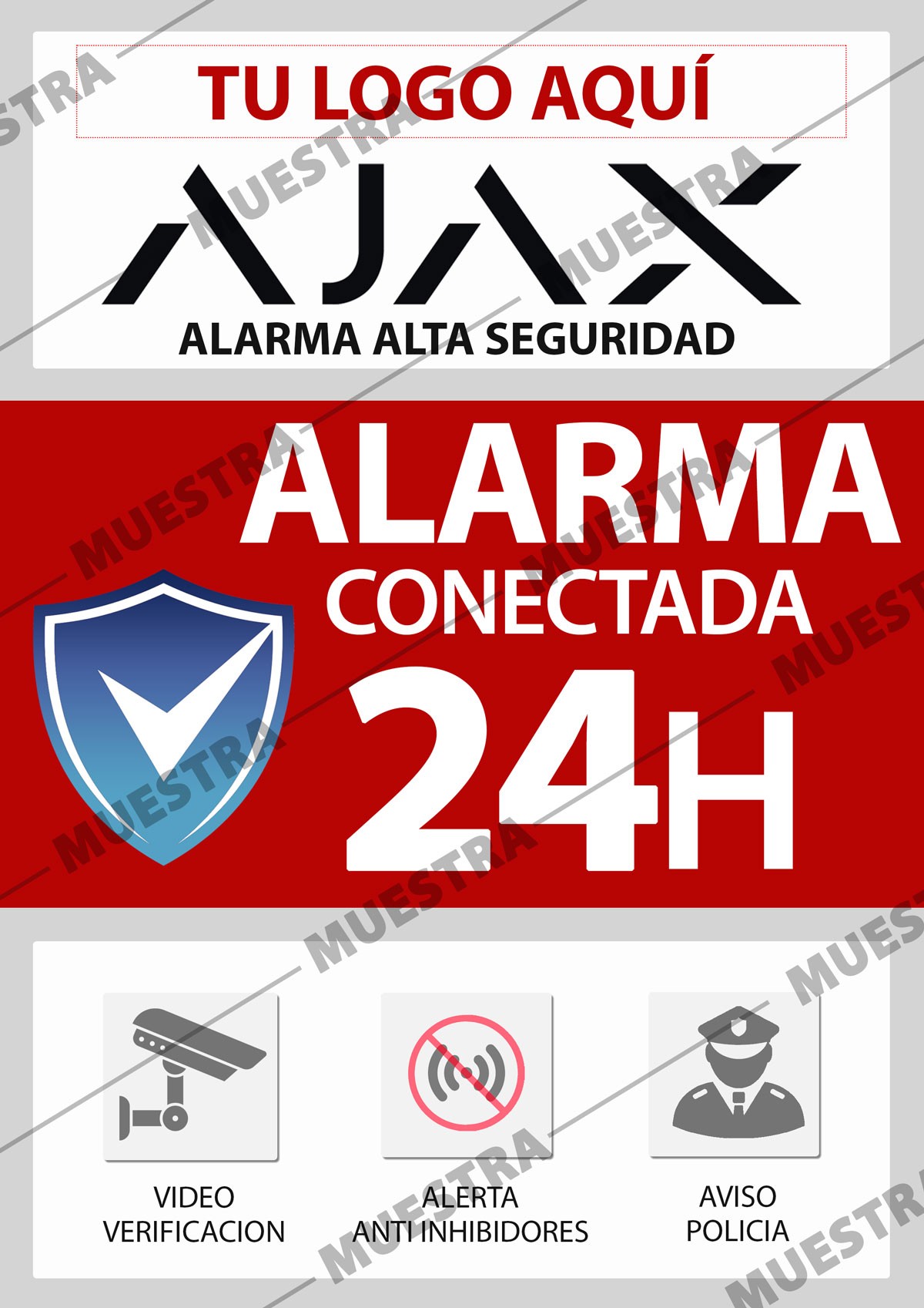 Cartel AJAX genérico de PVC exterior, DIN A4 (210x297mm). Para personalizar  con logo del cliente