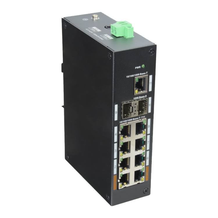 Switch de 8 puertos 10/100/1000 POE 120W + x1 UPLINK 10/100/1000 + x2SFP, para montaje en carril DIN