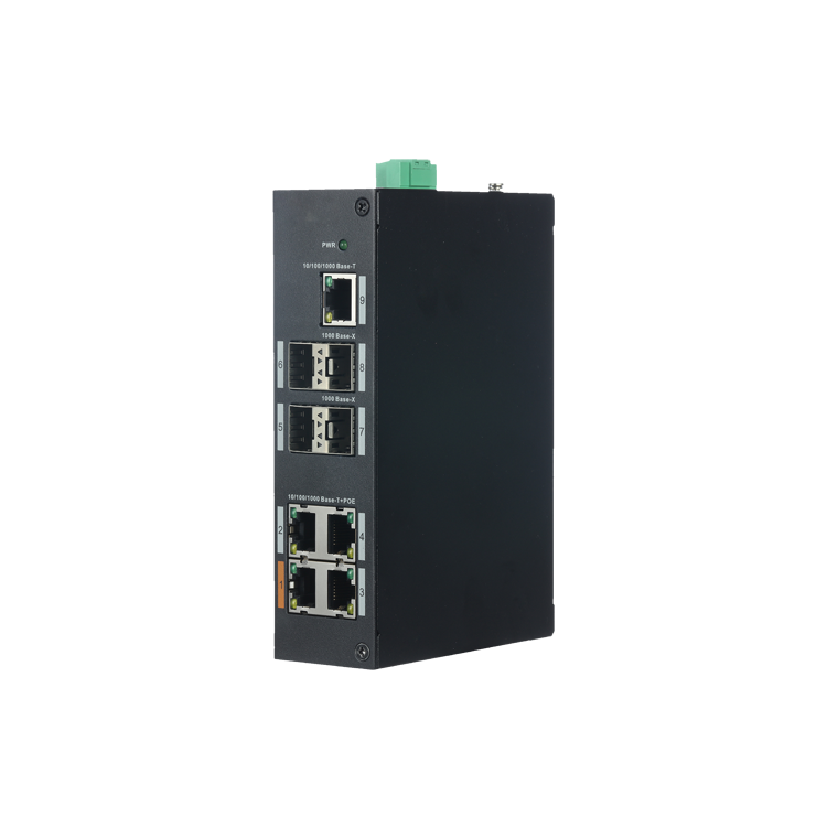 Switch de 4 puertos 10/100/1000 POE+ 120W + x1 UPLINK 10/100/1000 + x4 SFP, para montaje en DIN, alimentación DC 48 V - 57 V