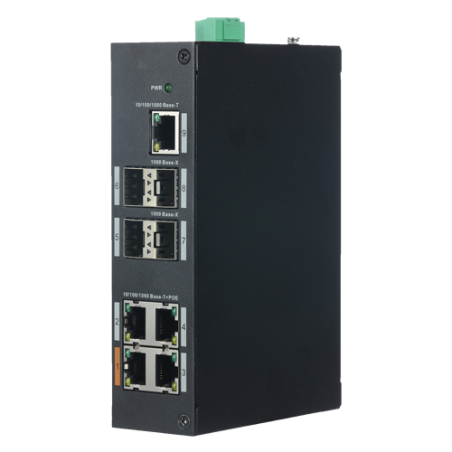 Switch de 4 puertos 10/100/1000 POE+ 120W + x1 UPLINK 10/100/1000 + x4 SFP, para montaje en DIN, alimentación DC 48 V - 57 V