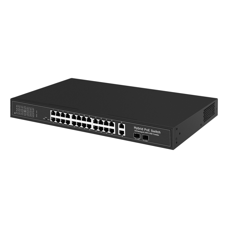 Switch de 24 puertos 10/100 POE 300W + 2x UPLINK Gigabit + 2x UPLINK 10/100/1000 Combo, para sobremesa.