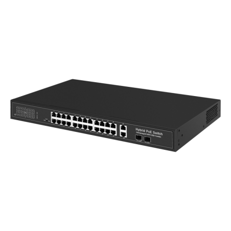 Switch de 24 puertos 10/100 POE 300W + 2x UPLINK Gigabit + 2x UPLINK 10/100/1000 Combo, para sobremesa.