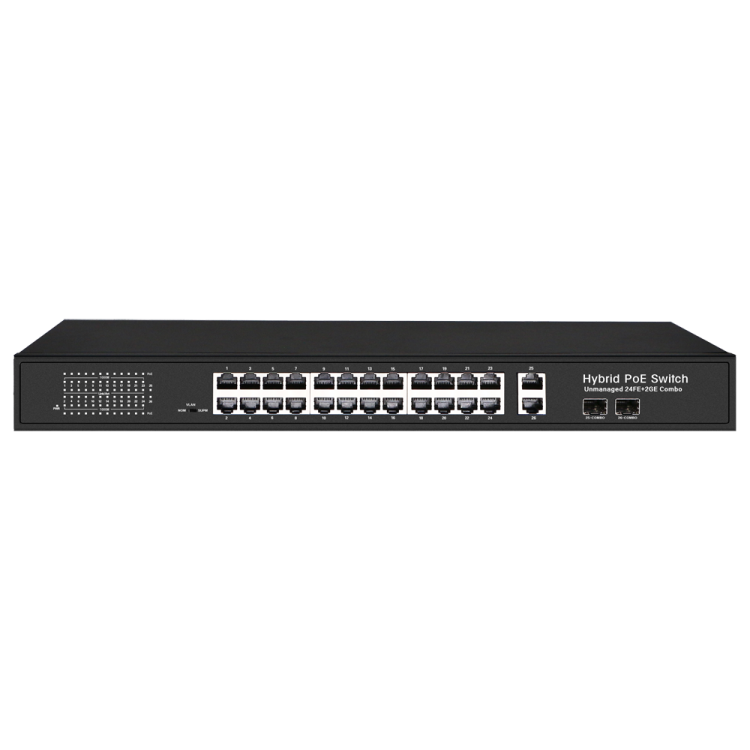 Switch de 24 puertos 10/100 POE 300W + 2x UPLINK Gigabit + 2x UPLINK 10/100/1000 Combo, para sobremesa.