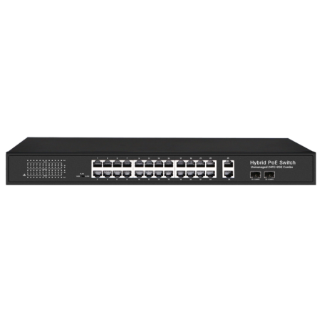 Switch de 24 puertos 10/100 POE 300W + 2x UPLINK Gigabit + 2x UPLINK 10/100/1000 Combo, para sobremesa.