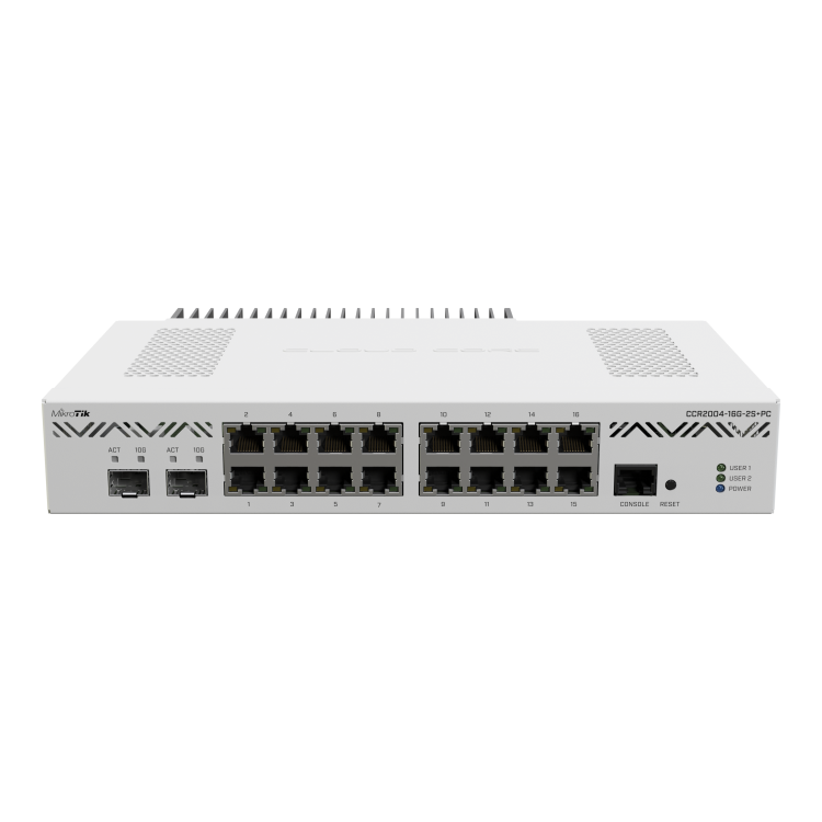 Cloud Core de 4 núcleos a 1,7 Ghz, 4Gb de RAM, x16 Gb, 2 SFP+, RouterOS, Level 6. Sin ventiladores