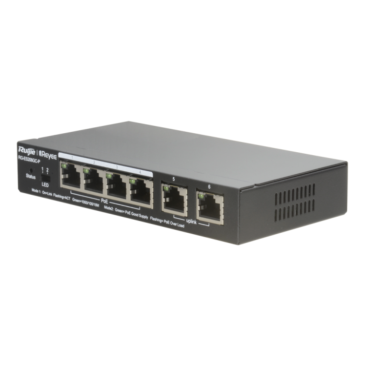 Switch Gestionable L2, 4 puertos Gigabit PoE 54W, x2 UPLINK
