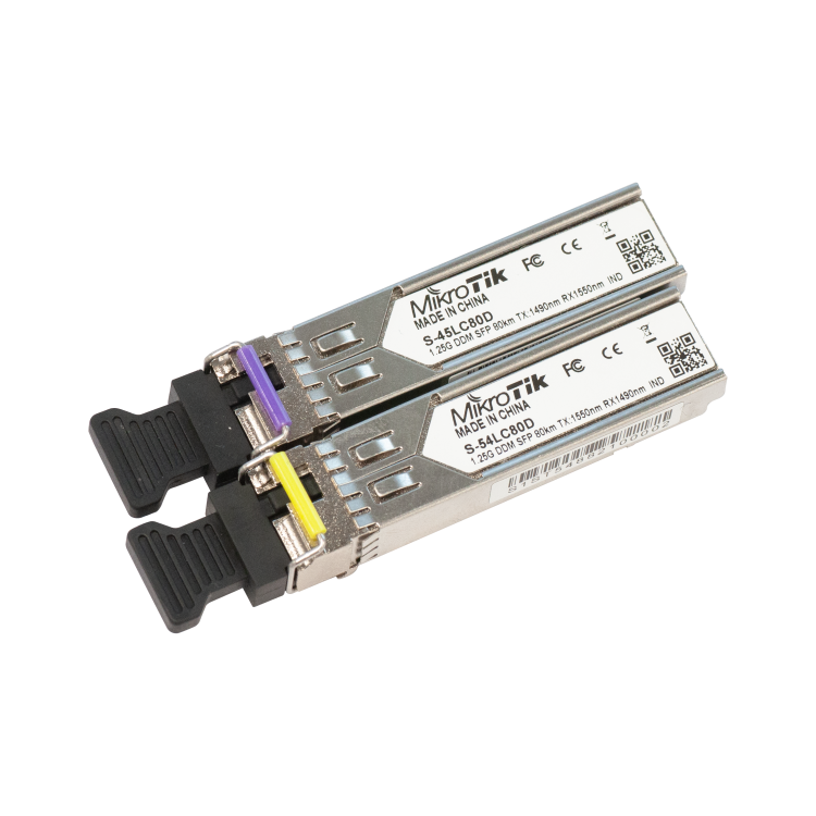Pack de módulos SFP WDM (Tx y Rx por una sola fibra monomodo) con entrada conector LC/PC. Hasta 80kms