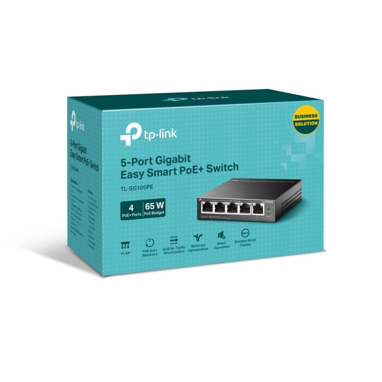 Switch Easy Samrt de 5 puertos Gigabit con 4 puertos PoE+, 65W. Carcasa metal. Sobremesa