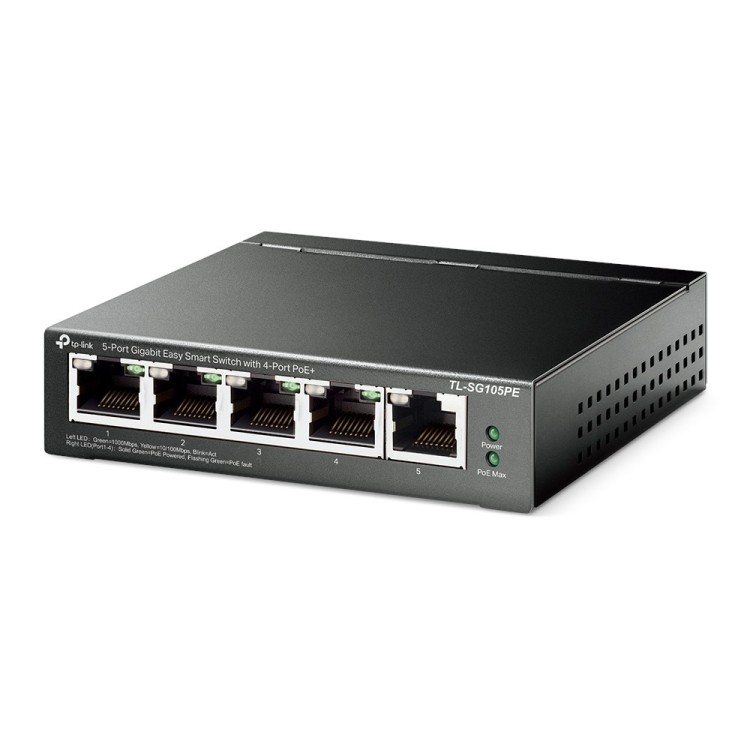 Switch Easy Samrt de 5 puertos Gigabit con 4 puertos PoE+, 65W. Carcasa metal. Sobremesa