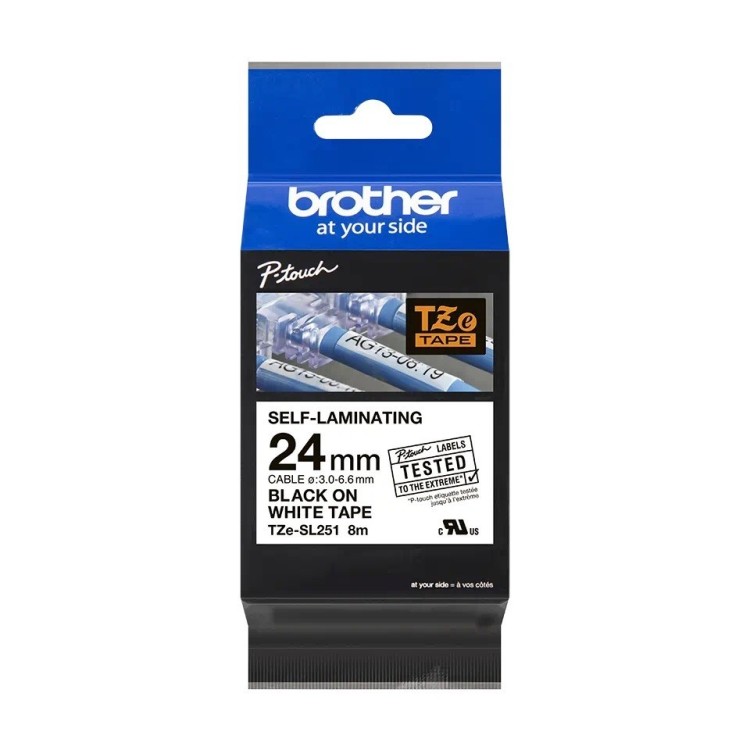 Cinta auto laminada (para cables de 3.0 a 6.6mm). Texto negro sobre fondo Blanco. 24mm (8mts de largo)