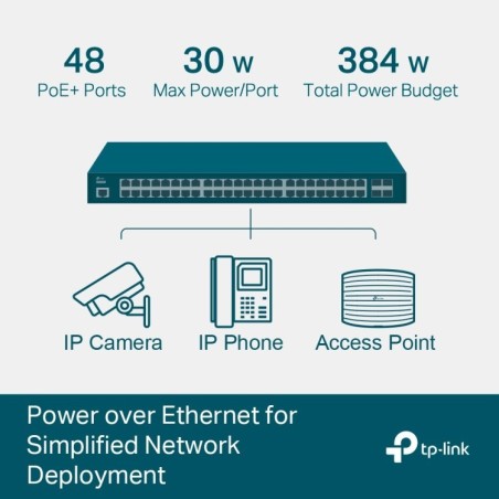 Switch Gestionable L2+ JetStream, x48 puertos Gb PoE+ 384W, x4 SFP. Montaje rack 19"