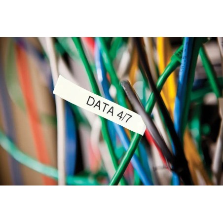 Cinta laminada flexible. Texto negro sobre fondo Blanco. 9mm (8mts de largo)