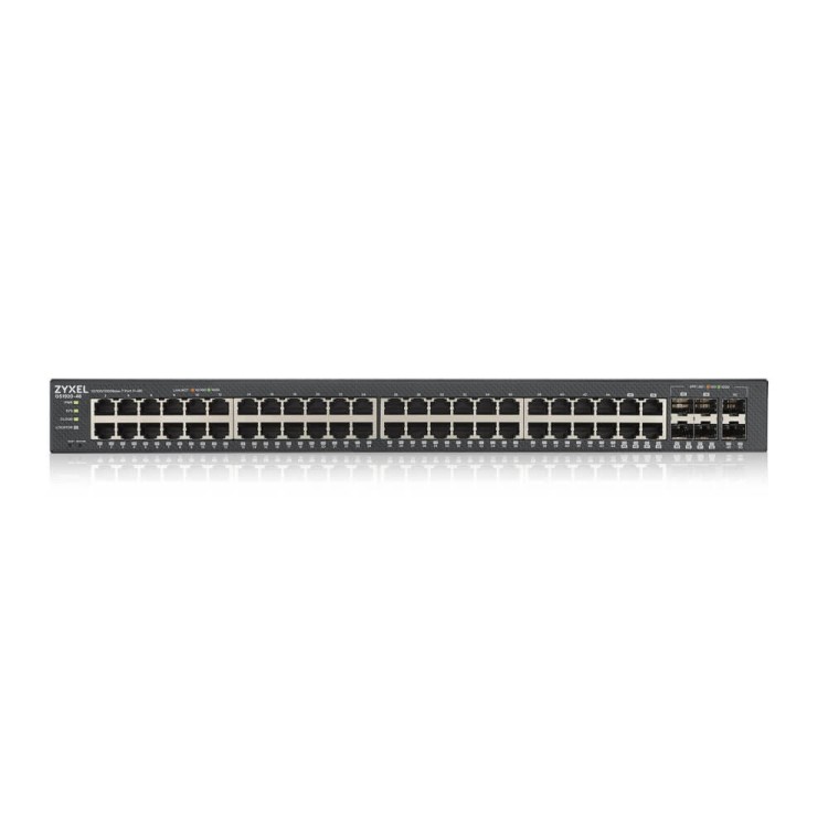 Switch x44 Gb, x4 Combo y x4 SFP. Gestión híbrida Smart mode, standalone o NebulaFlex Cloud. Refrigeración ultrasilenciosa. Par