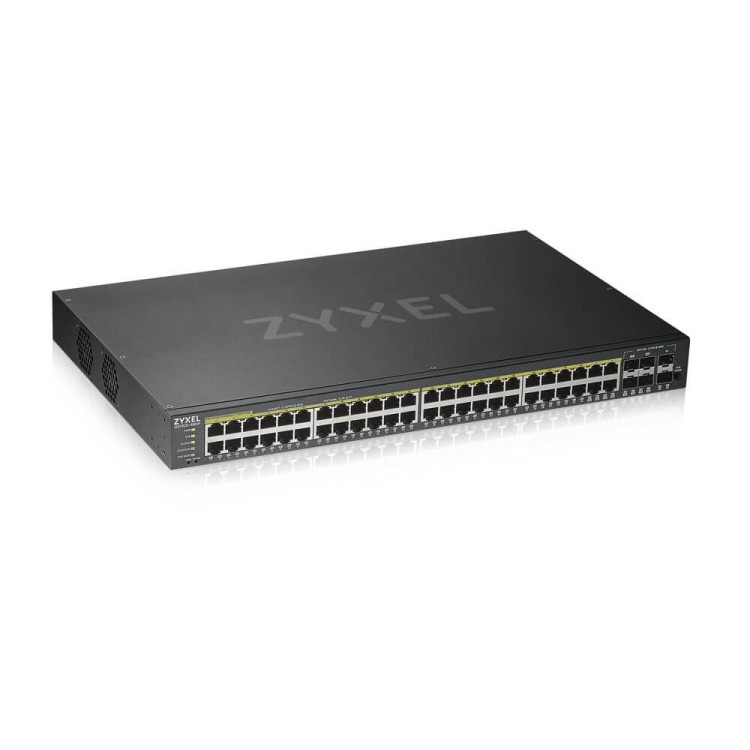 Switch x44 Gb POE 375W, x4 SFP y x4 COMBO. Gestión híbrida Smart mode, standalone o NebulaFlex Cloud. Escritorio/rack