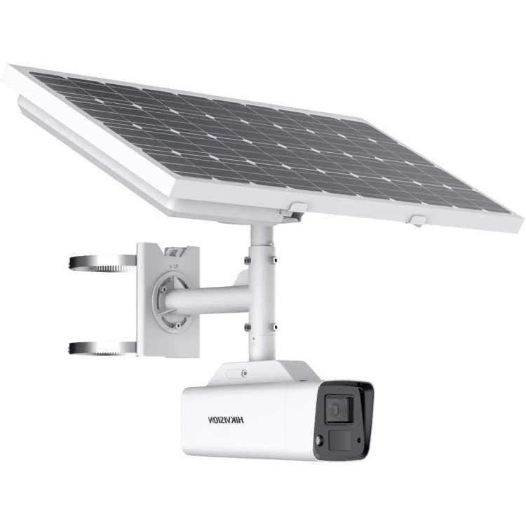 Cámara IP/4G bullet, 4MPx, IR 15mts, luz blanca 30mts, 4mm, H.265+.  IP66 + Kit solar autónomo.