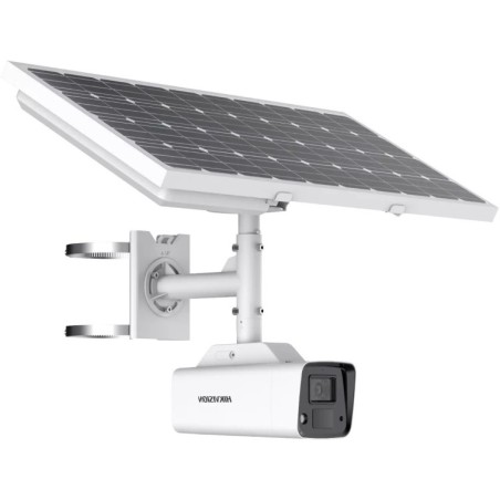 Cámara IP/4G bullet, 4MPx, IR 15mts, luz blanca 30mts, 4mm, H.265+.  IP66 + Kit solar autónomo.