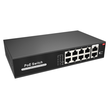 Switch de 8 puertos 10/100 POE 100W + x2 UPLINK, para sobremesa. Hasta 250 metros