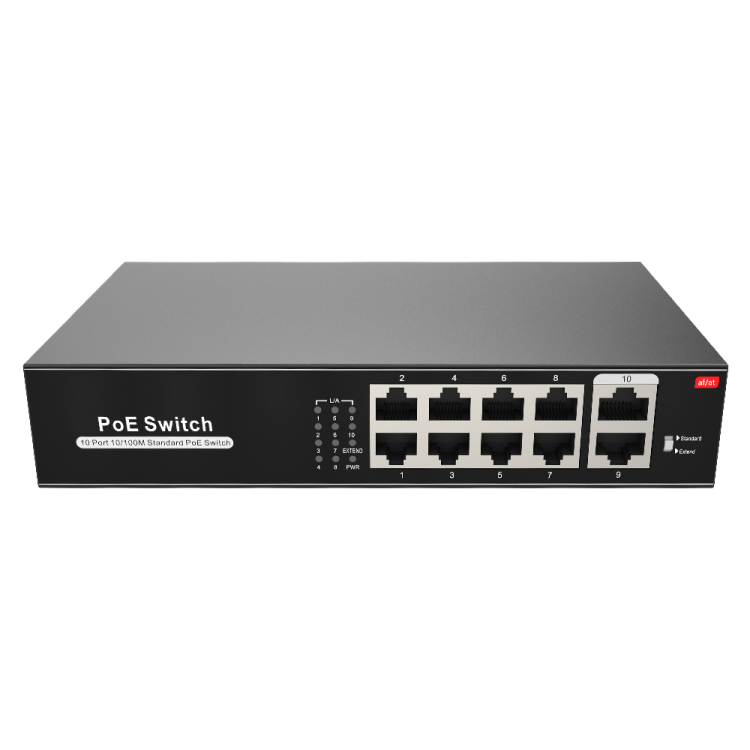 Switch de 8 puertos 10/100 POE 100W + x2 UPLINK, para sobremesa. Hasta 250 metros