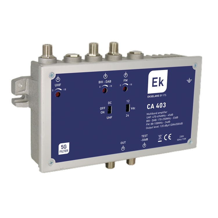 Central amplificadora Ekselans CA 403 - FM/BIII-DAB/UHF, 45 dB UHF, salida 120 dBµV