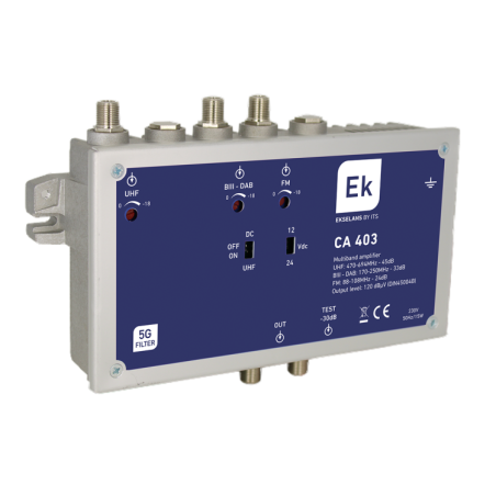 Central amplificadora Ekselans CA 403 - FM/BIII-DAB/UHF, 45 dB UHF, salida 120 dBµV