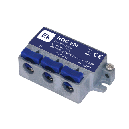 Distribuidor de 2 salidas, tipo QuiCoax. Con paso de corriente DC. 5-2400Mhz. 3,8dB (862MHz) / 4,9dB,(2400MHz).