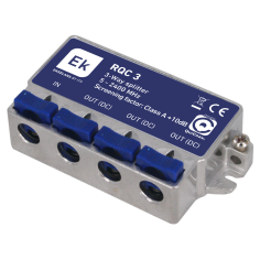 Distribuidor de 3 salidas, tipo QuiCoax. Con paso de corriente DC. 5-2400Mhz. 7dB (862MHz) / 9,5dB,(2300MHz).