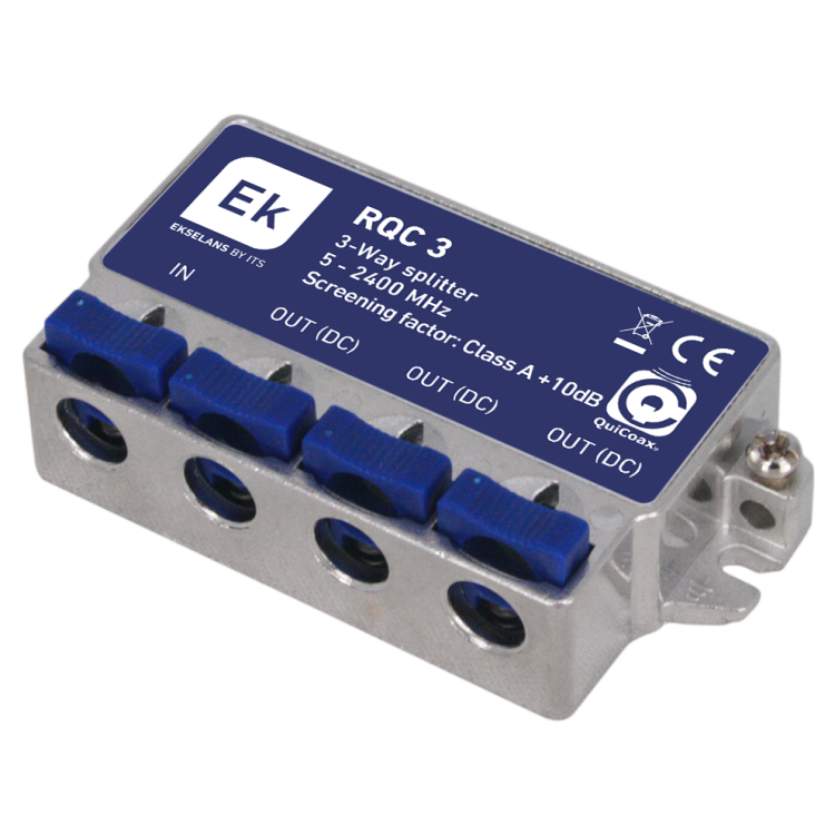 Distribuidor de 3 salidas, tipo QuiCoax. Con paso de corriente DC. 5-2400Mhz. 7dB (862MHz) / 9,5dB,(2300MHz)