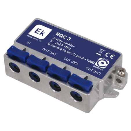 Distribuidor de 3 salidas, tipo QuiCoax. Con paso de corriente DC. 5-2400Mhz. 7dB (862MHz) / 9,5dB,(2300MHz)