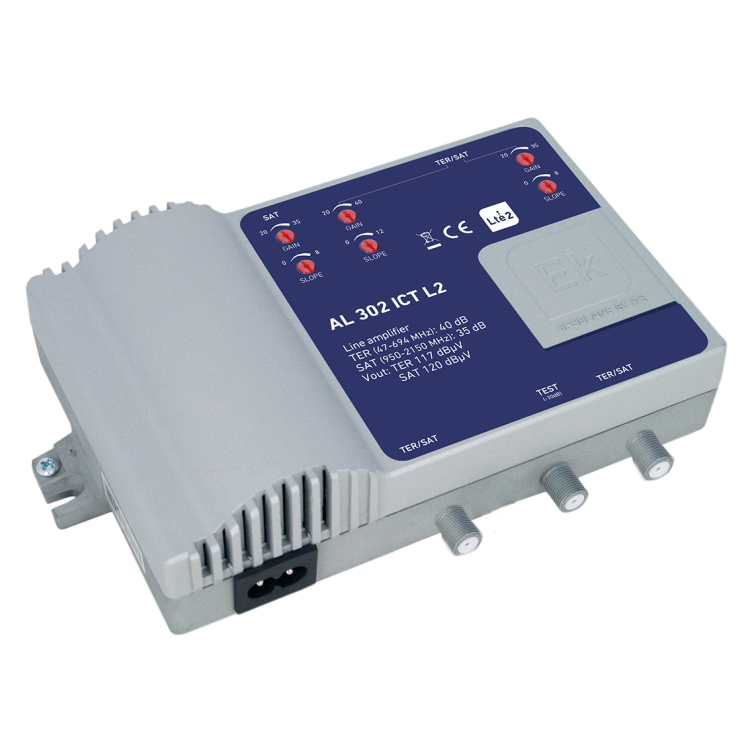 Amplificador línea 2E 2S. ICT. 2 Entradas TER+SAT - 2 Salidas.  35dB TDT /  40dB SAT. Salida 117dB/120dB