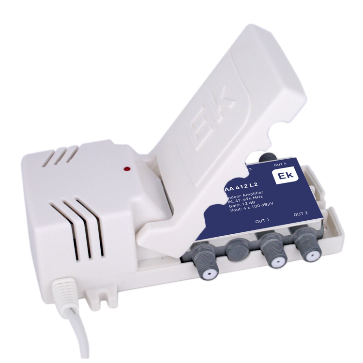 Amplificador de apartamento Ekselans AA 412 L2 - 12 dB, 4 salidas 100 dBµV, 47-694 MHz