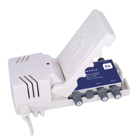Amplificador de apartamento Ekselans AA 412 L2 - 12 dB, 4 salidas 100 dBµV, 47-694 MHz