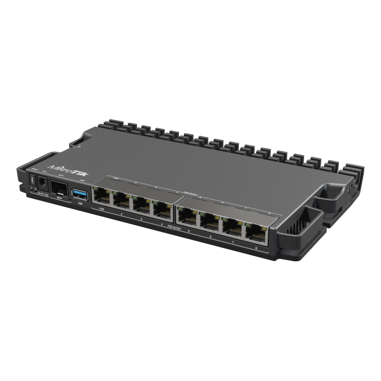 Routerboard con POE-IN y POE-OUT (150W) en todos los puertos. x7 puertos Gb, x1 2.5G, x1 SFP+ y x1 USB. Level 5