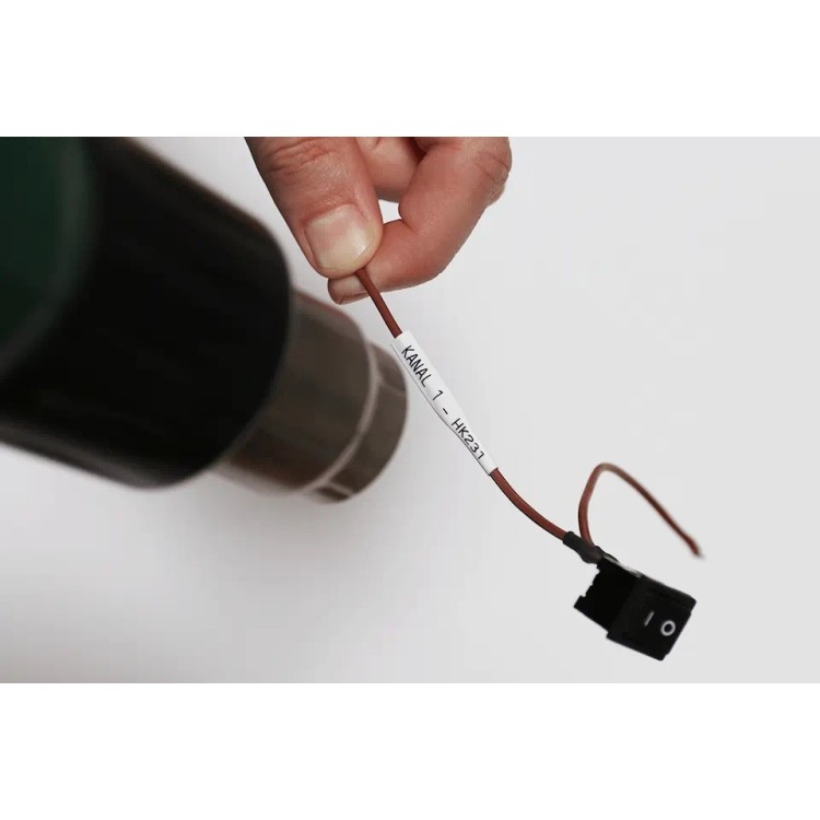 Cinta para tubo termoretráctil para cables de 0.8 a 3.1mm. Texto negro sobre fondo Blanco. 5.2mm (1.5mts de largo).