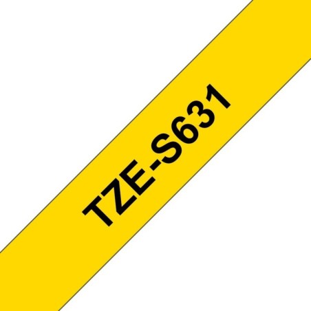 Cinta laminada súper adhesiva. Texto negro sobre fondo Amarillo. 12mm (8mts de largo)