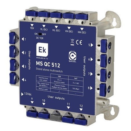 Multiswitch de 5 x12 en estrella/final de cascada. 5 entradas (4 SAT + 1 TER), 12 salidas usuario.