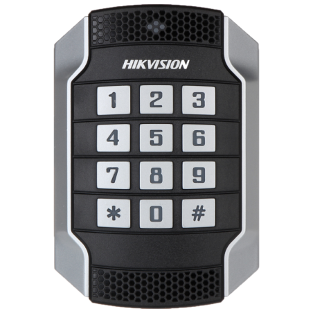 Lector de acceso Mifare con teclado IP65. Indicador LED y acústico, Wiegand 26/34 | RS485, Compatible controladoras Hikvision